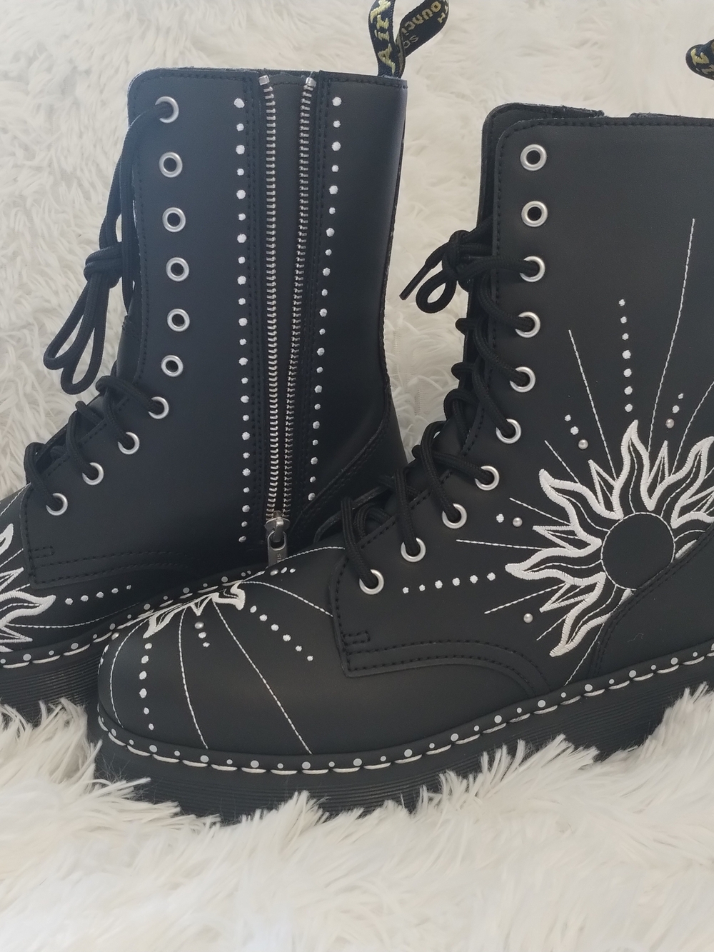 Dr. Martens Black Lace-Up Combat Boots with White Sun Embroidery